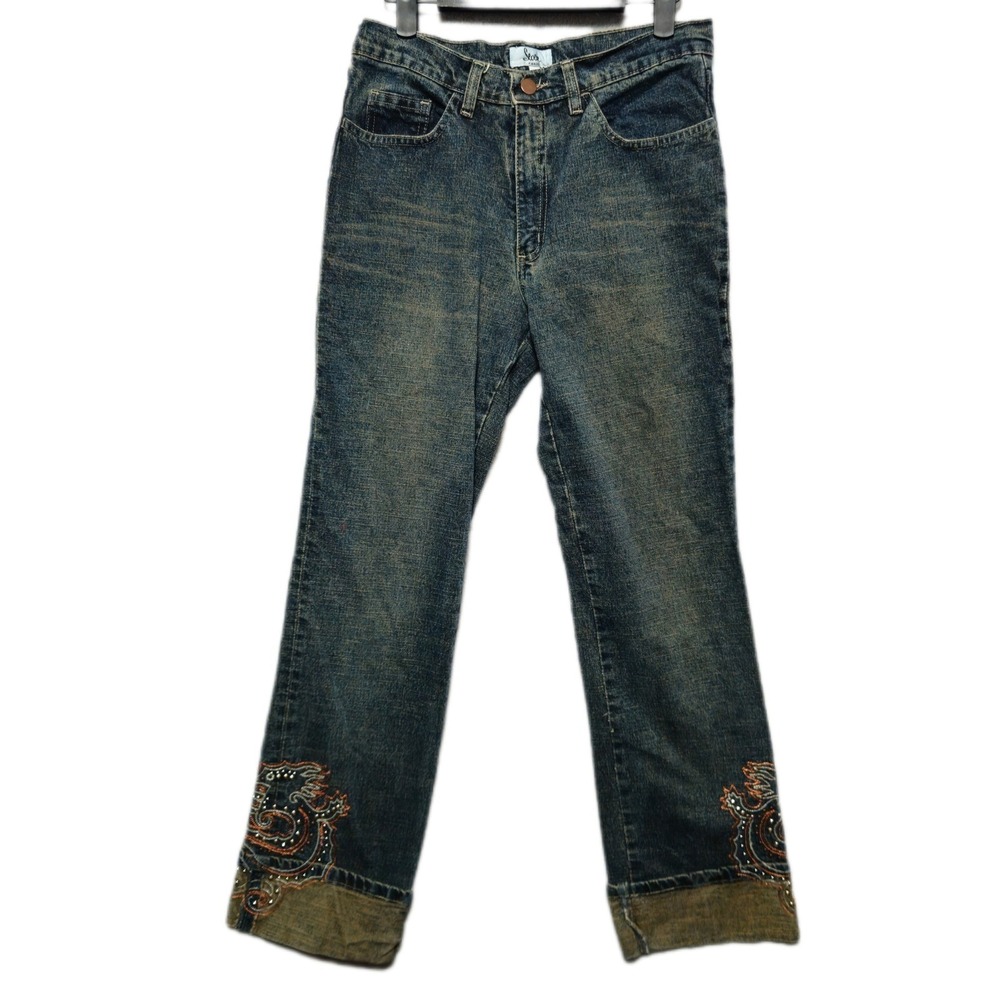 Seven Paris Vintage Y2K Studded Embroidered Cuff Straight Leg Jeans Blue Size 28